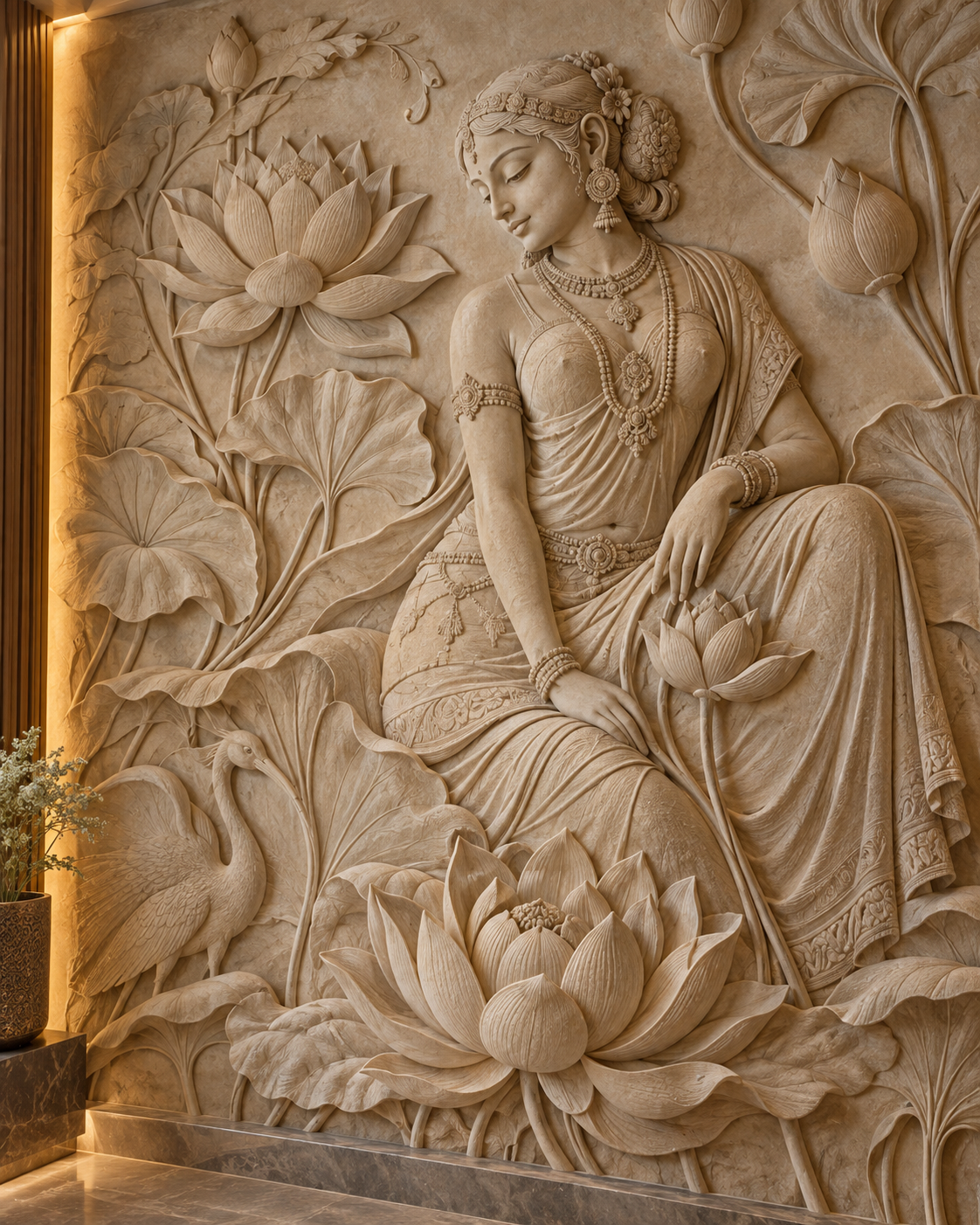 Detailed three-dimensional bas-relief mural with a woman and lotus flowers